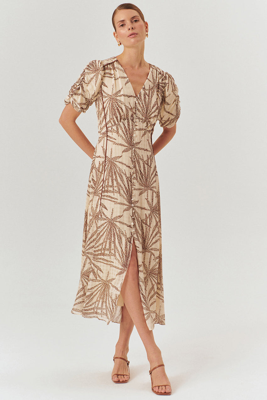 Regular Fit Patterned Rayon Chiffon Midi Dress with V-Neck, Balloon Sleeves, and Buttons