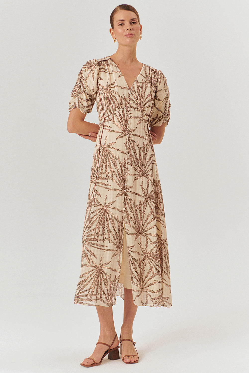 Regular Fit Patterned Rayon Chiffon Midi Dress with V-Neck, Balloon Sleeves, and Buttons