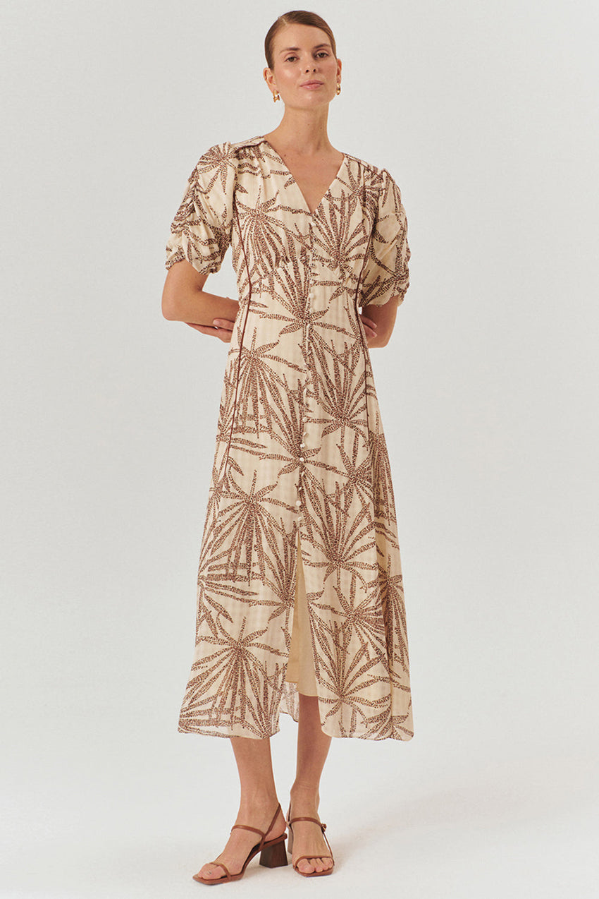 Regular Fit Patterned Rayon Chiffon Midi Dress with V-Neck, Balloon Sleeves, and Buttons