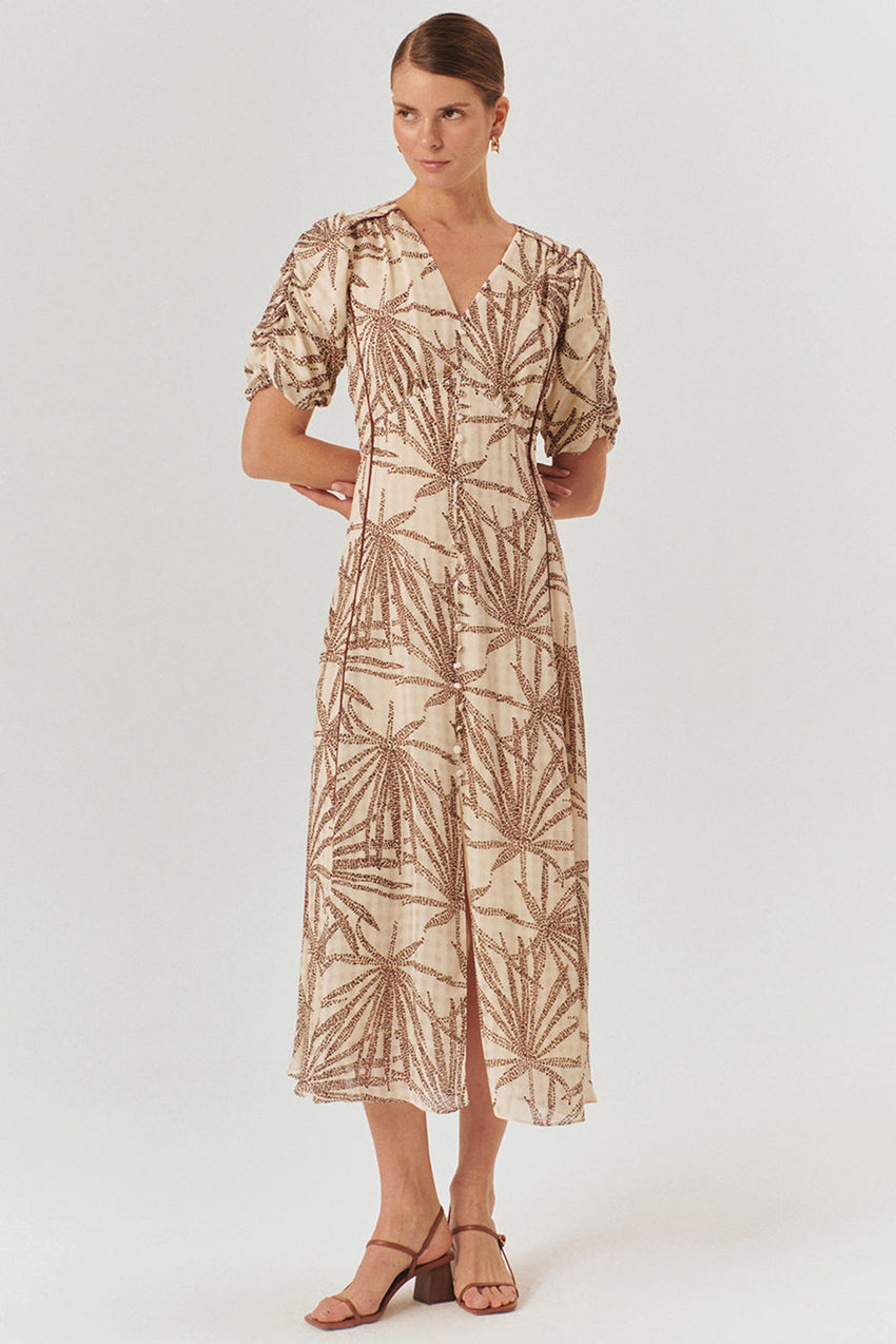 Regular Fit Patterned Rayon Chiffon Midi Dress with V-Neck, Balloon Sleeves, and Buttons