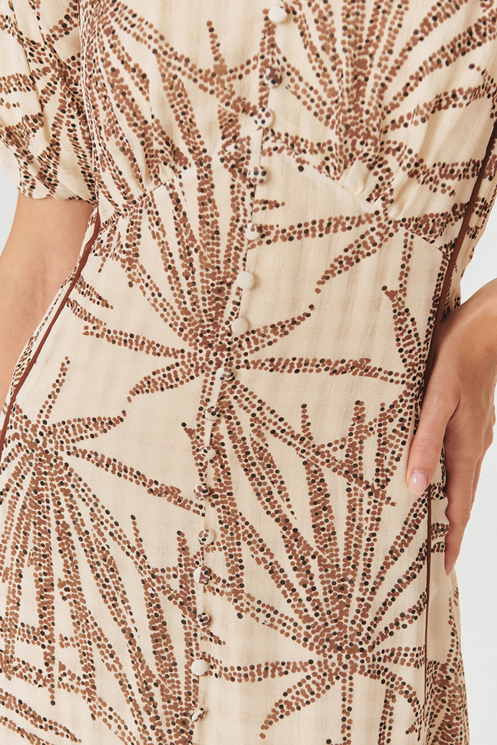 Regular Fit Patterned Rayon Chiffon Midi Dress with V-Neck, Balloon Sleeves, and Buttons