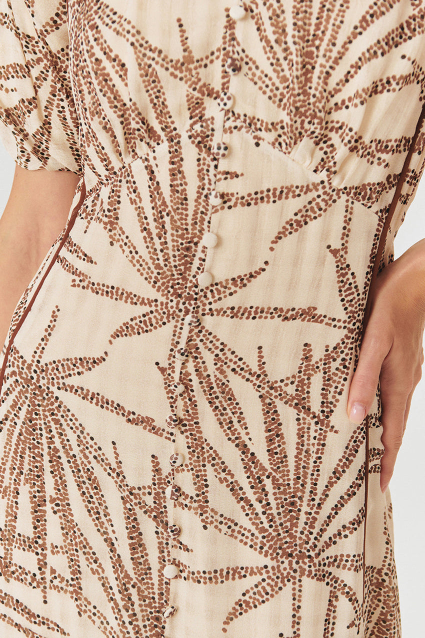 Regular Fit Patterned Rayon Chiffon Midi Dress with V-Neck, Balloon Sleeves, and Buttons
