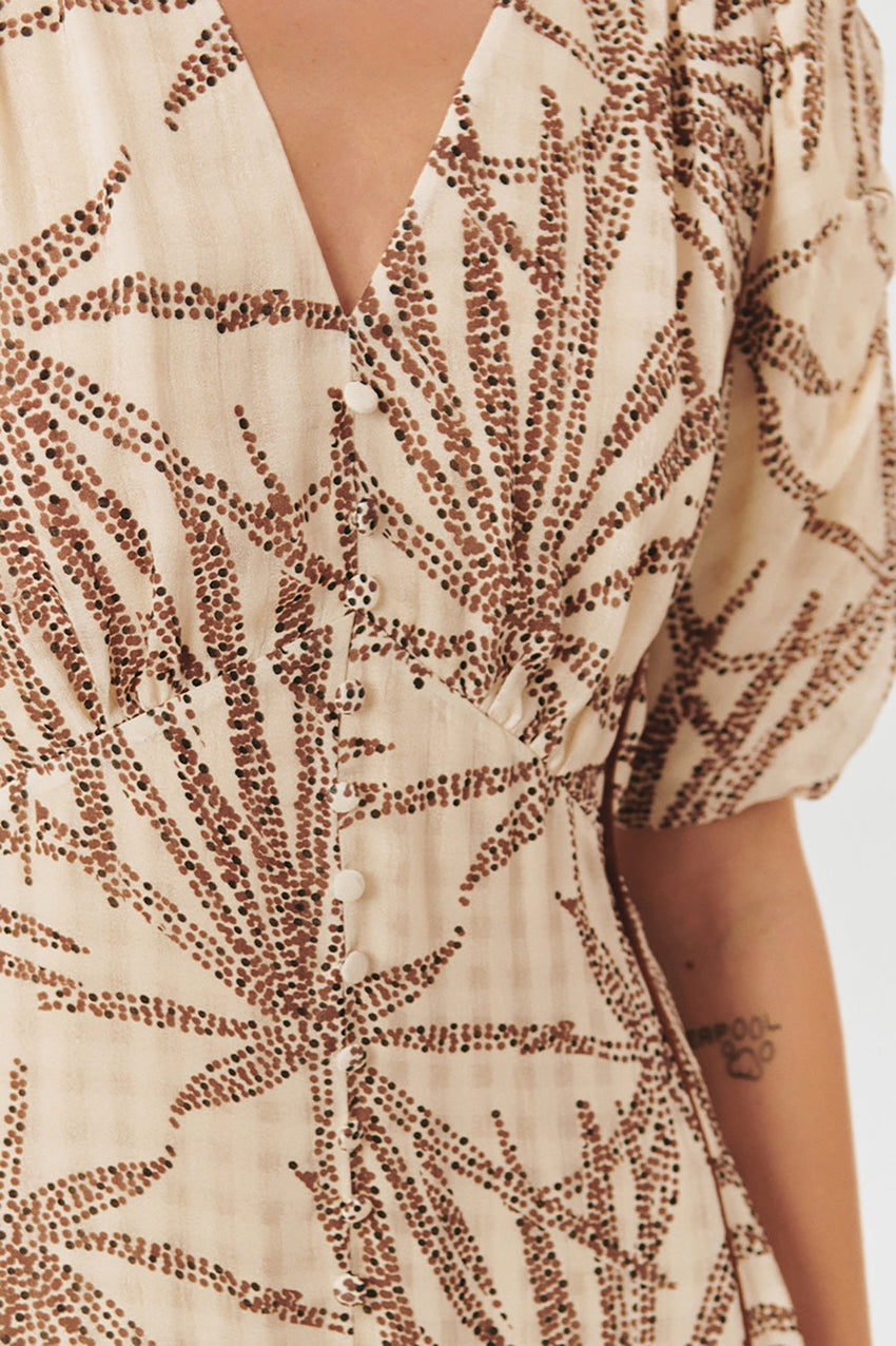 Regular Fit Patterned Rayon Chiffon Midi Dress with V-Neck, Balloon Sleeves, and Buttons