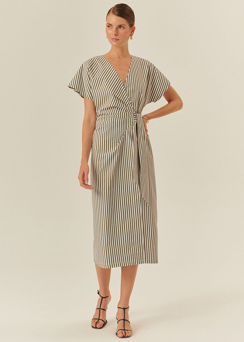 Cotton Midi Dress with Stripe Pattern and Wrap-Front Design