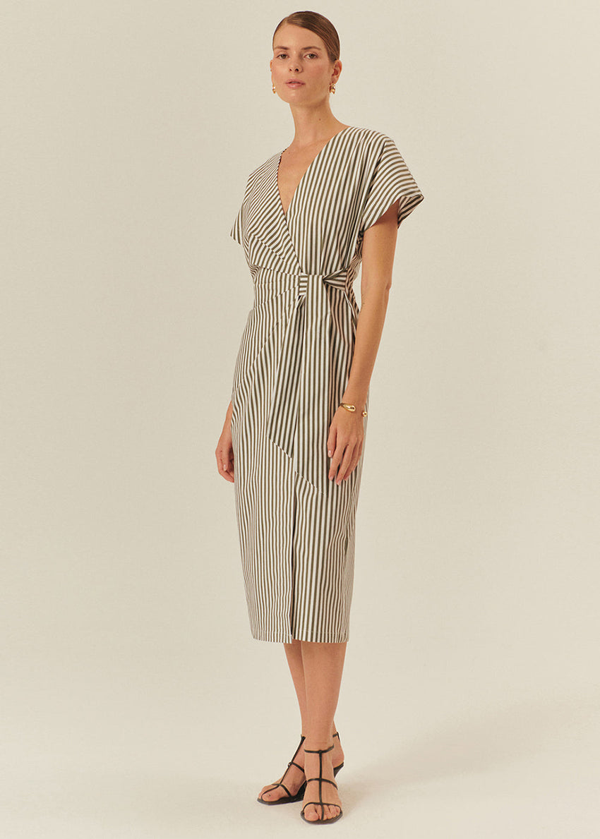 Cotton Midi Dress with Stripe Pattern and Wrap-Front Design