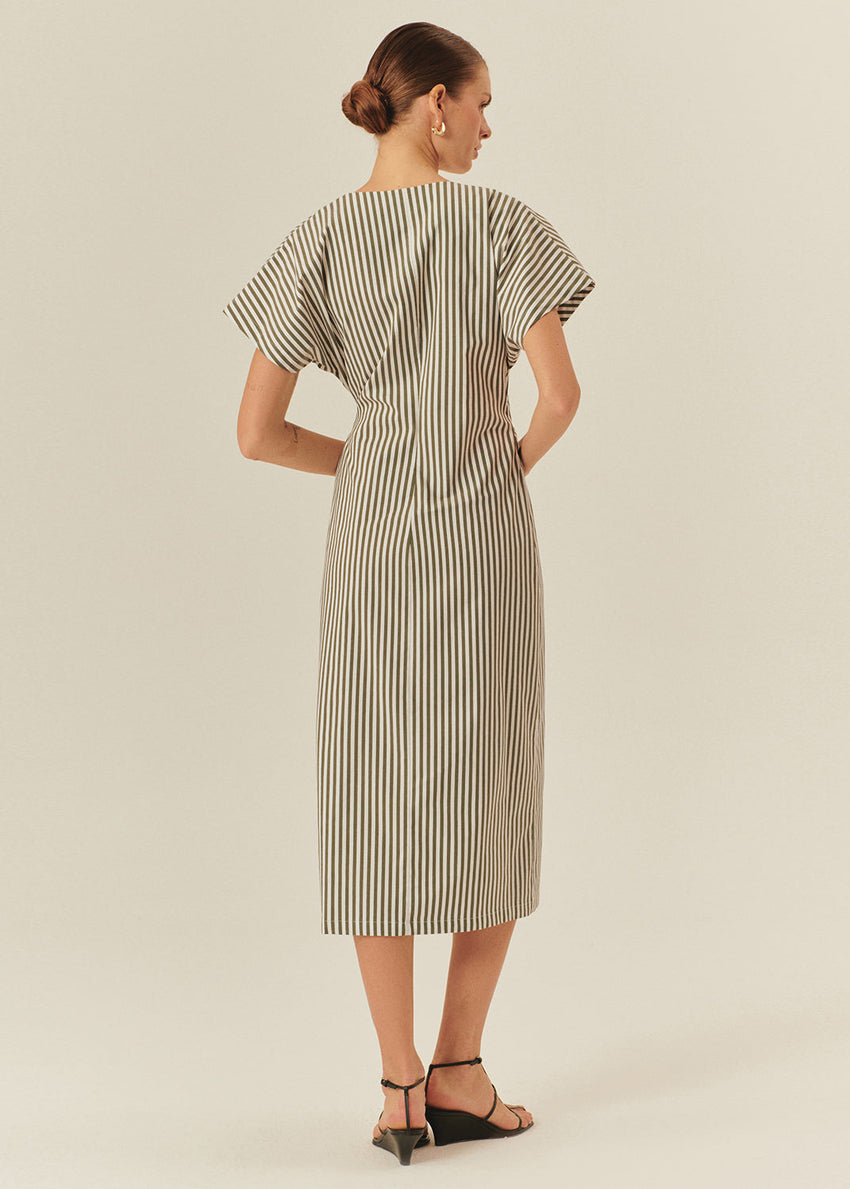 Cotton Midi Dress with Stripe Pattern and Wrap-Front Design