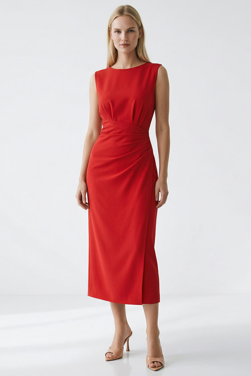 Sleeveless Draped Midi Dress – CRIMSON