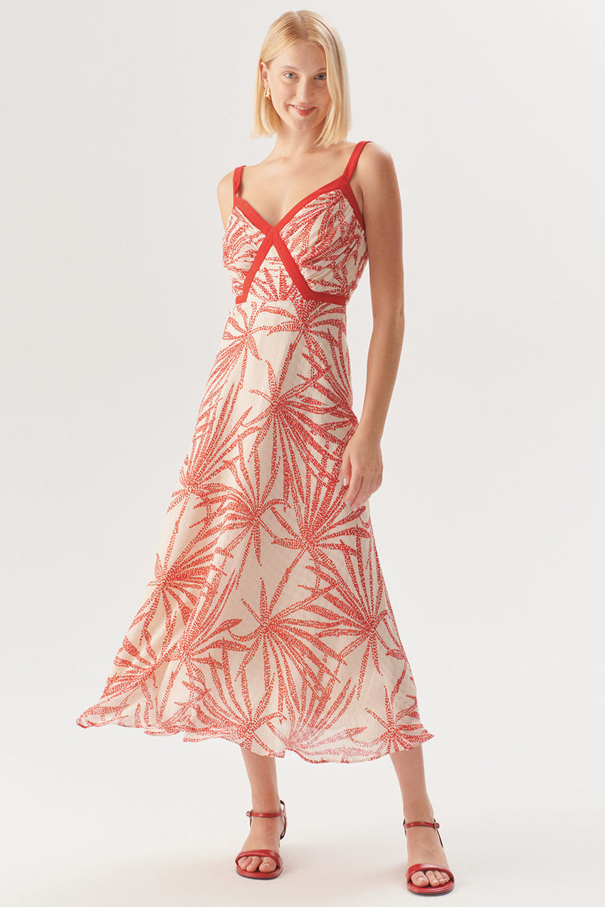 Regular Fit Patterned Rayon Chiffon Midi Dress with Straps and Red Piping Detail
