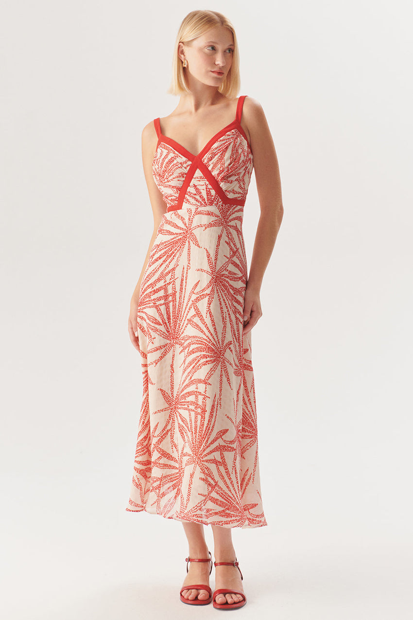 Regular Fit Patterned Rayon Chiffon Midi Dress with Straps and Red Piping Detail