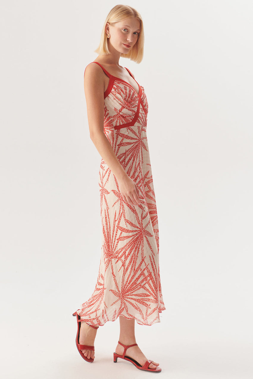 Regular Fit Patterned Rayon Chiffon Midi Dress with Straps and Red Piping Detail