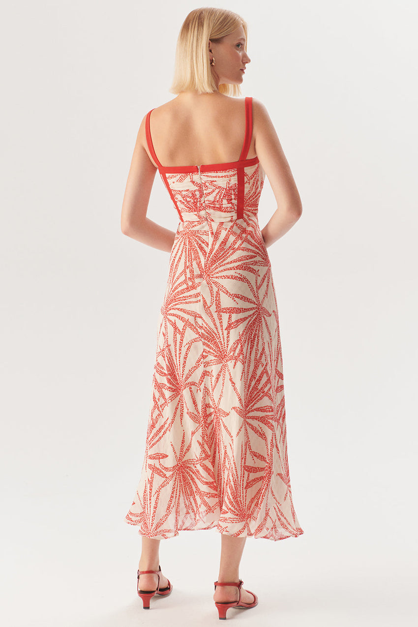 Regular Fit Patterned Rayon Chiffon Midi Dress with Straps and Red Piping Detail