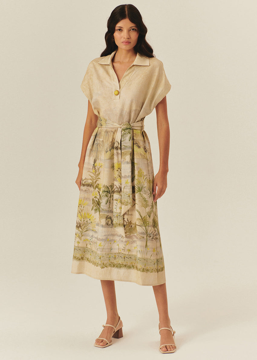 Drop Shoulder Belted Printed Midi Dress