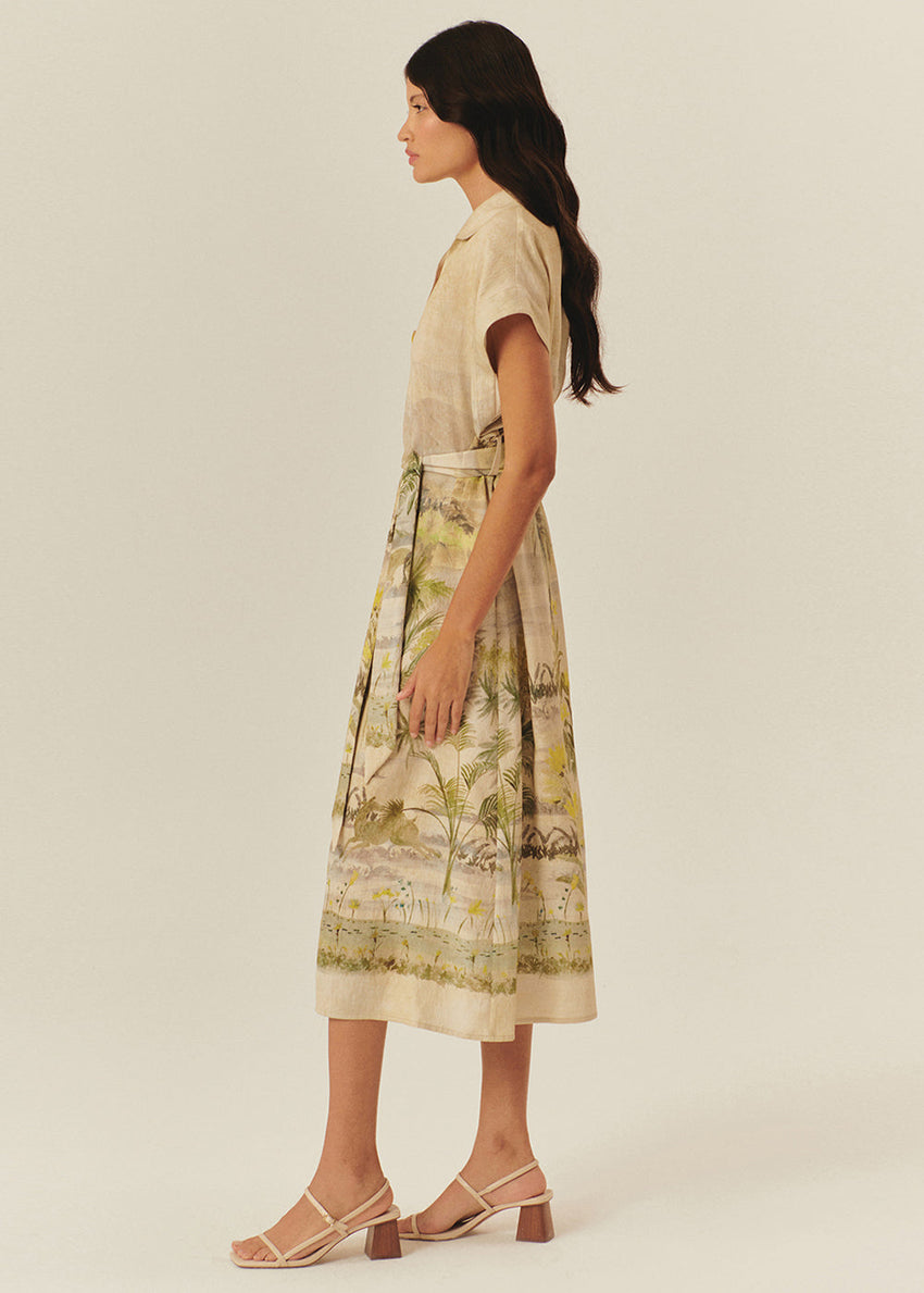 Drop Shoulder Belted Printed Midi Dress