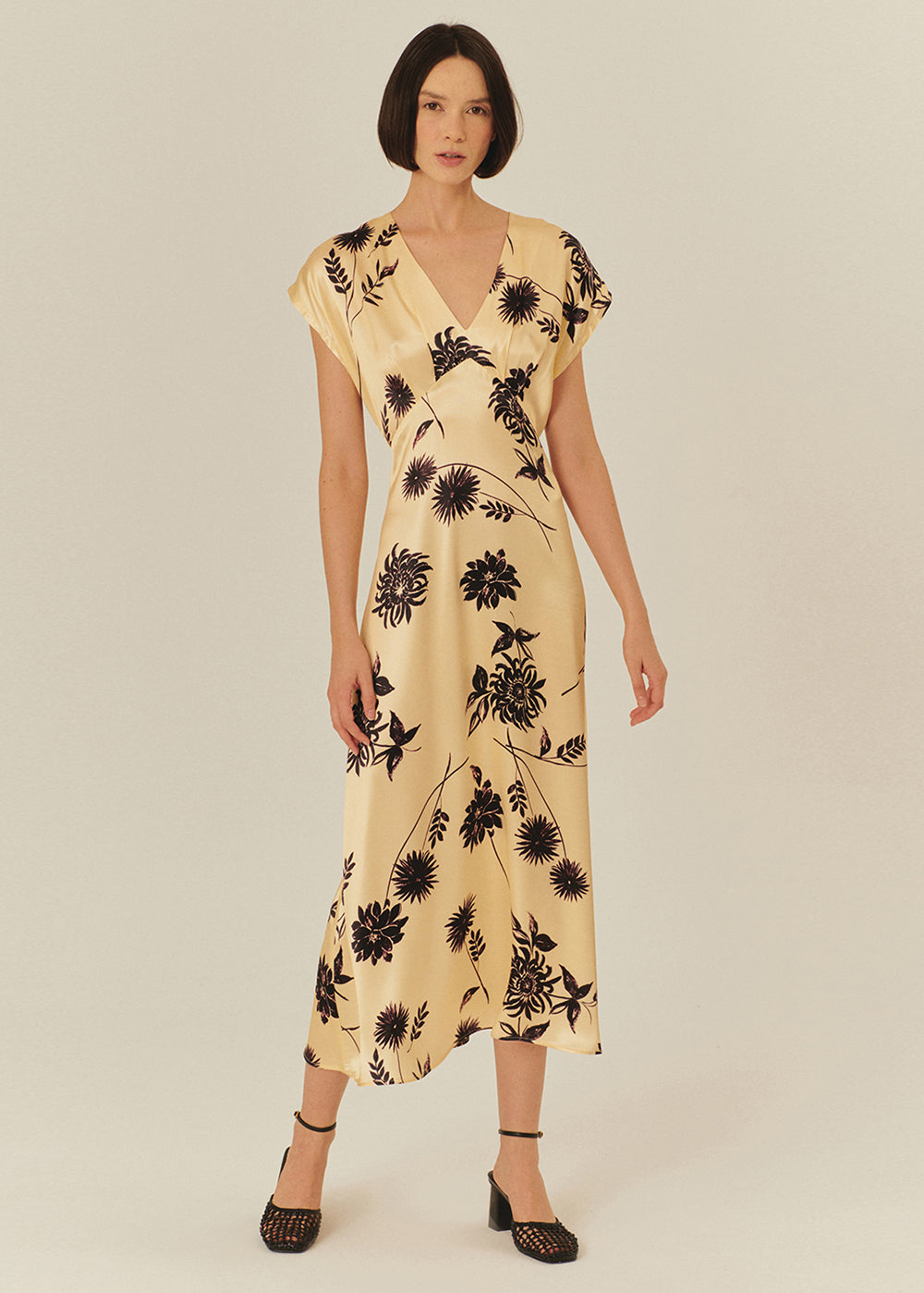 Dropped Shoulder Vneck Floral Embroidered Viscose Dress