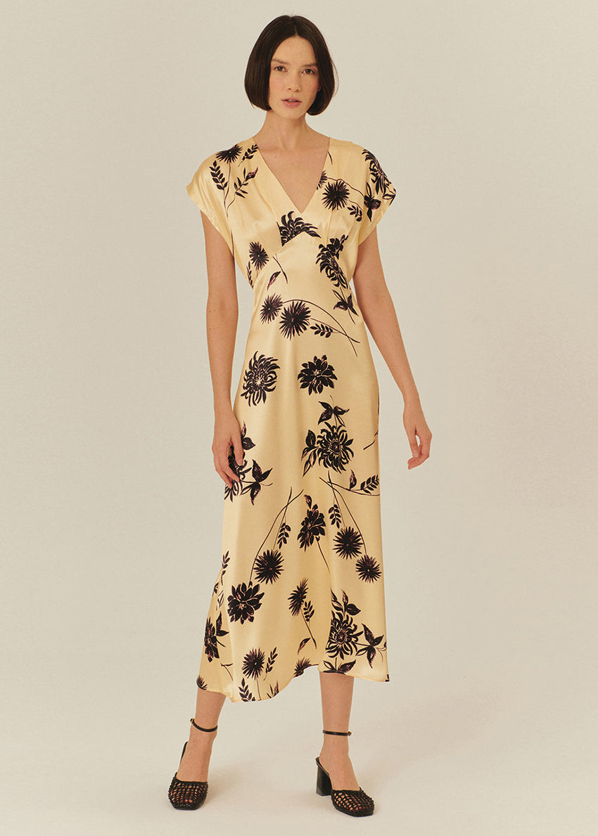 Dropped Shoulder Vneck Floral Embroidered Viscose Dress