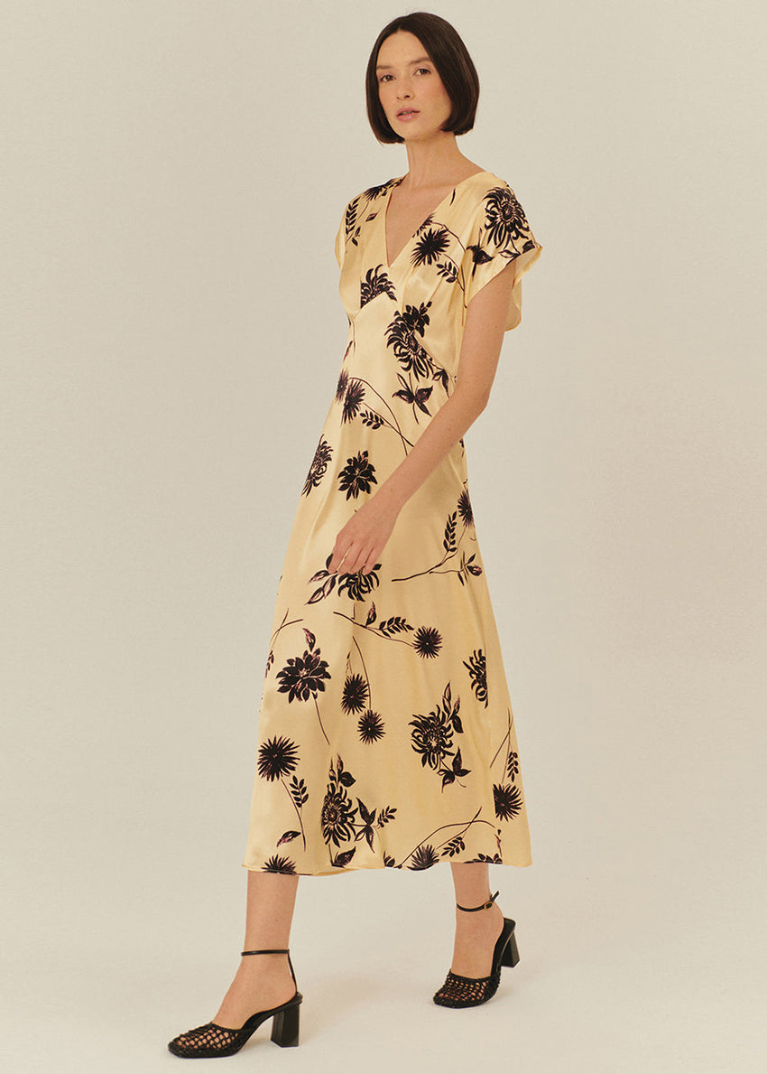 Dropped Shoulder Vneck Floral Embroidered Viscose Dress