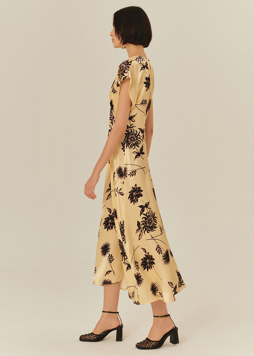 Dropped Shoulder Vneck Floral Embroidered Viscose Dress