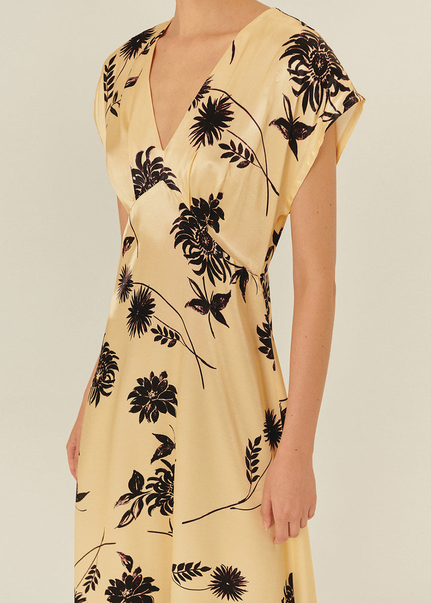 Dropped Shoulder Vneck Floral Embroidered Viscose Dress