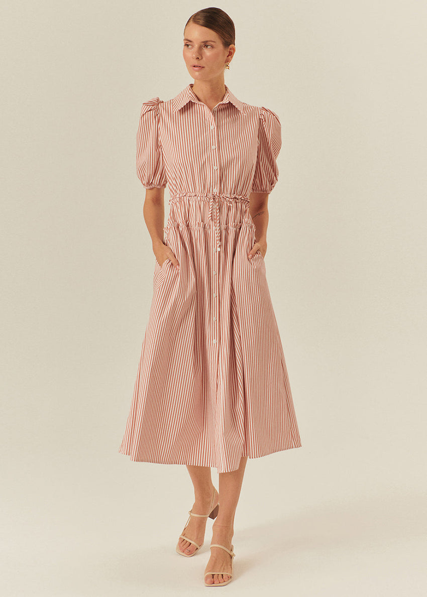 Balloon Sleeve Cotton Shirt Dress with Defined Waist
