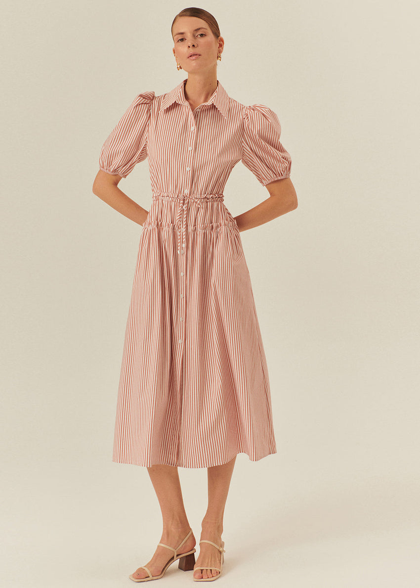 Balloon Sleeve Cotton Shirt Dress with Defined Waist