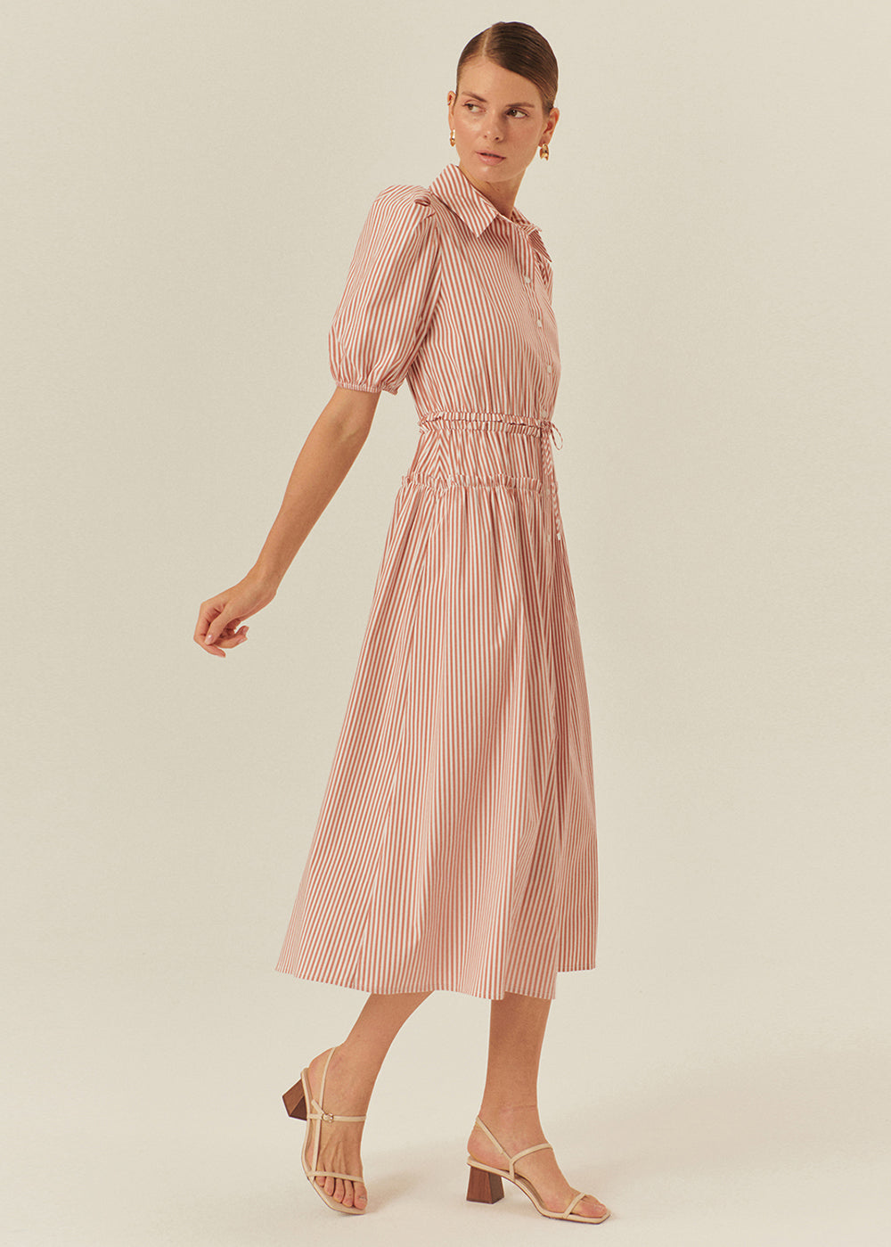 Balloon Sleeve Cotton Shirt Dress with Defined Waist