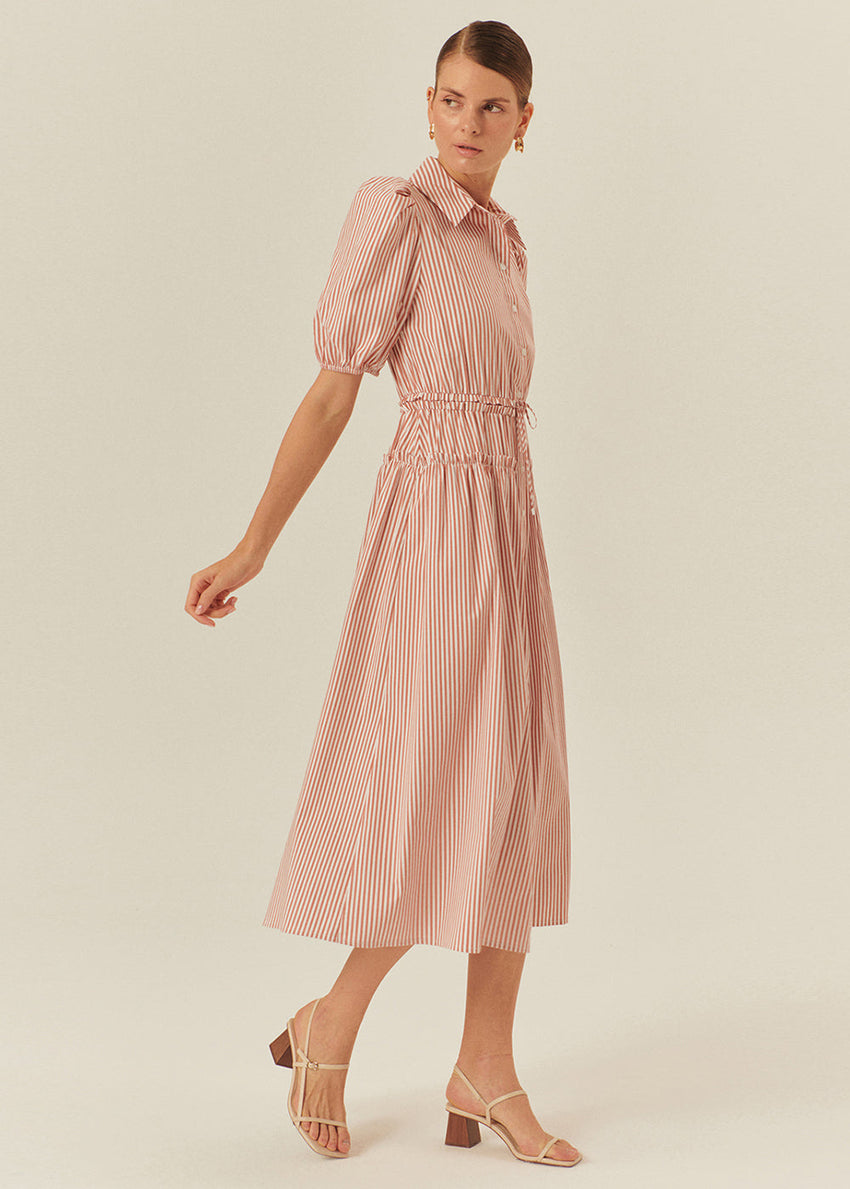 Balloon Sleeve Cotton Shirt Dress with Defined Waist