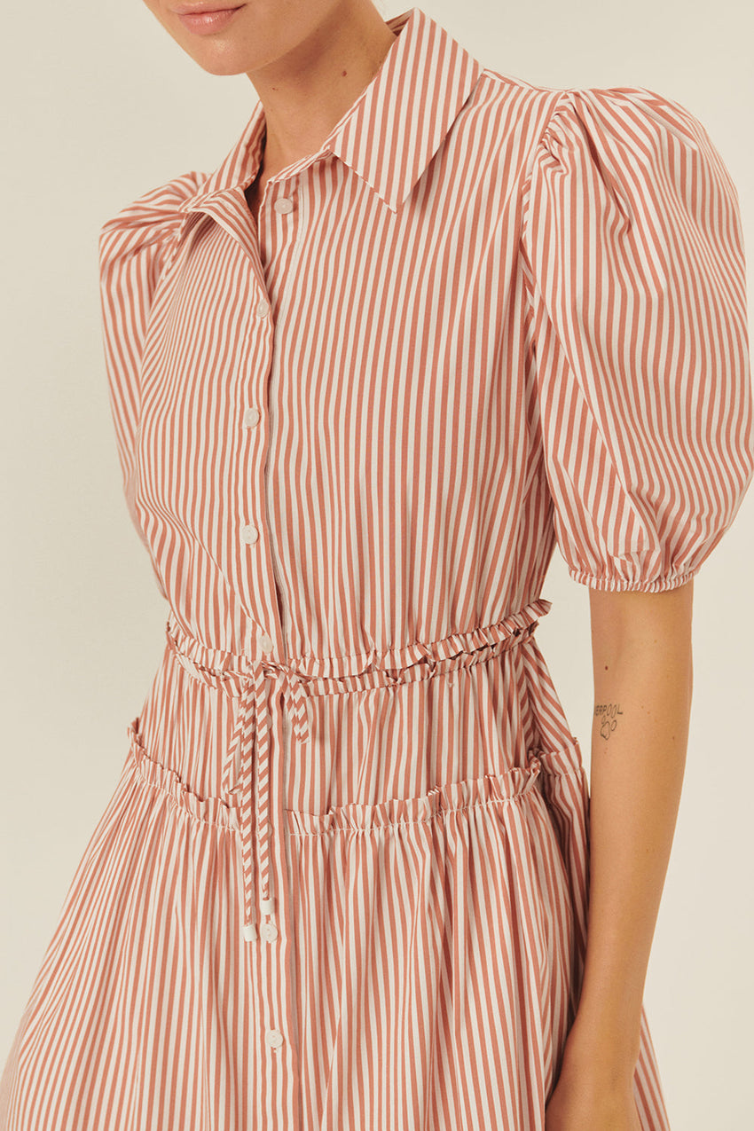 Balloon Sleeve Cotton Shirt Dress with Defined Waist