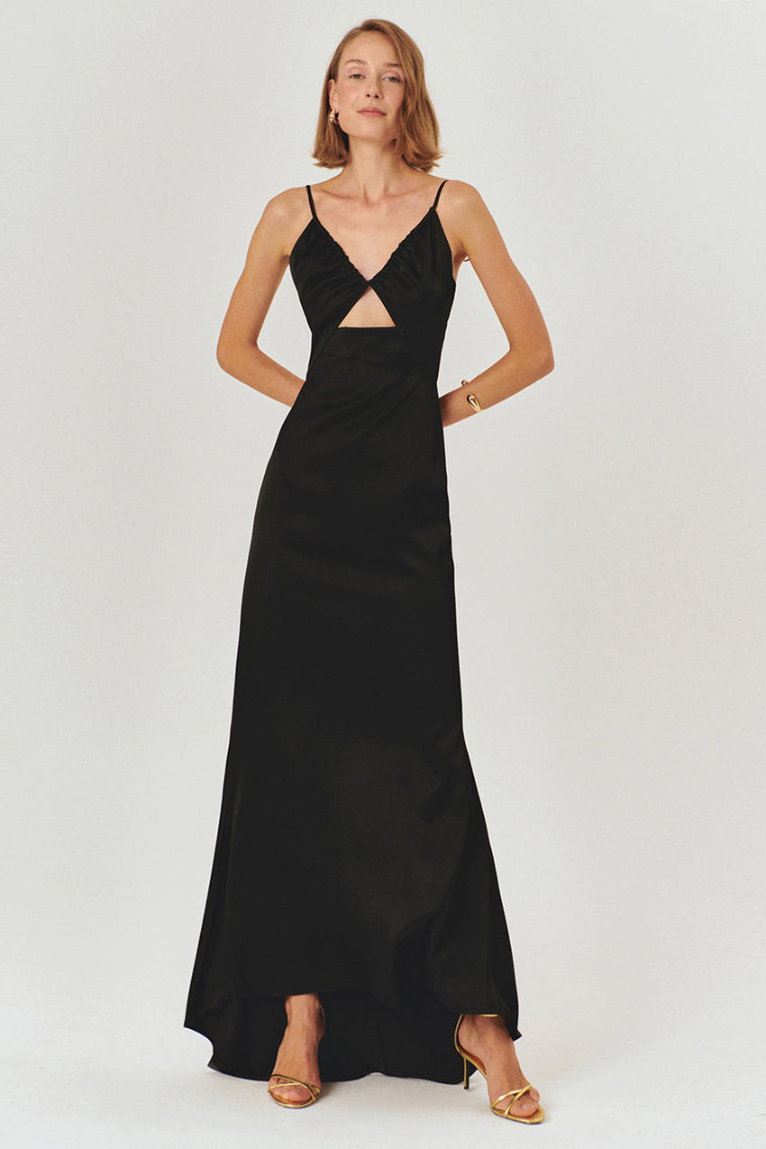 Black Regular Fit Satin Maxi Dress with A-Line Silhouette and Spaghetti Straps