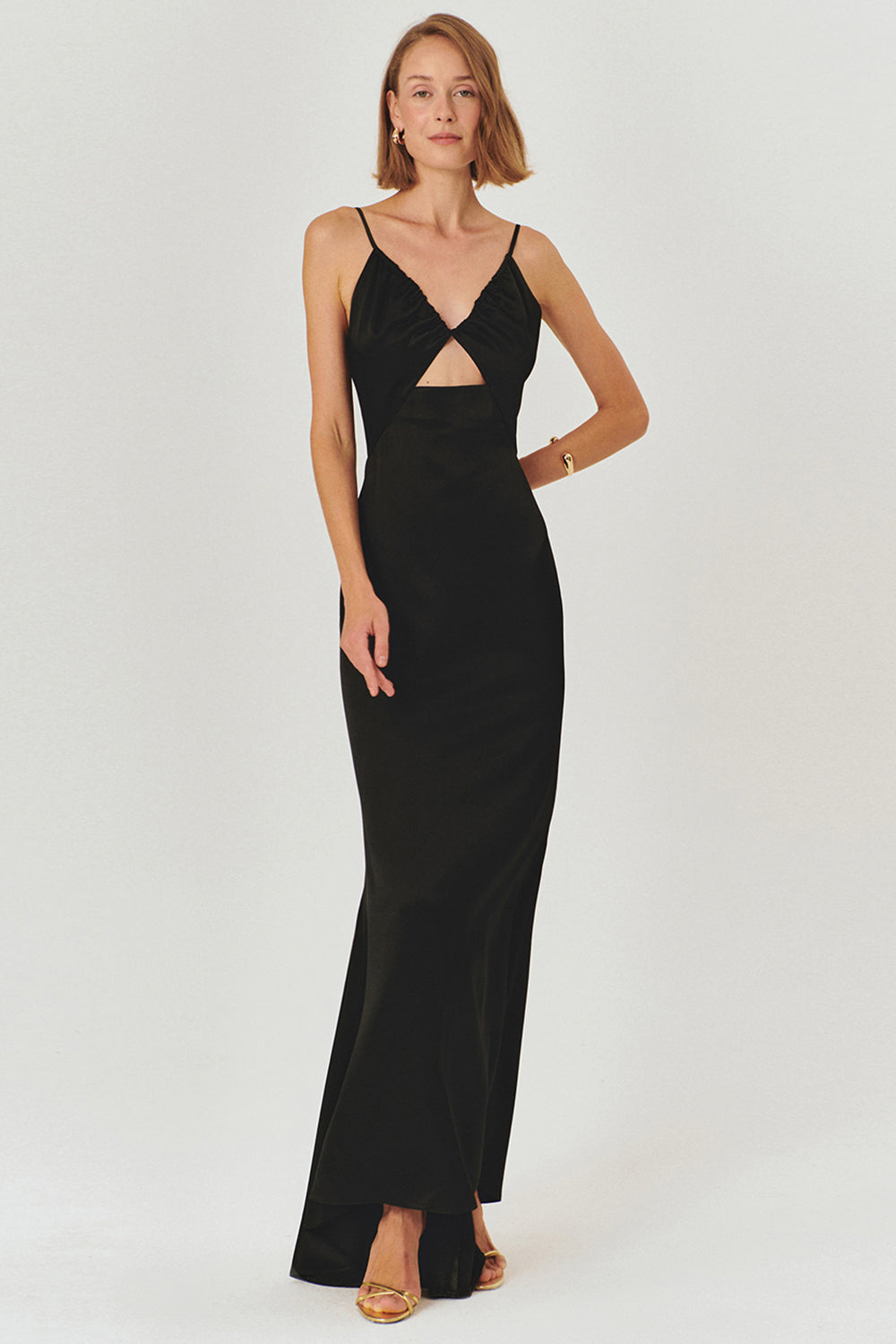 Black Regular Fit Satin Maxi Dress with A-Line Silhouette and Spaghetti Straps