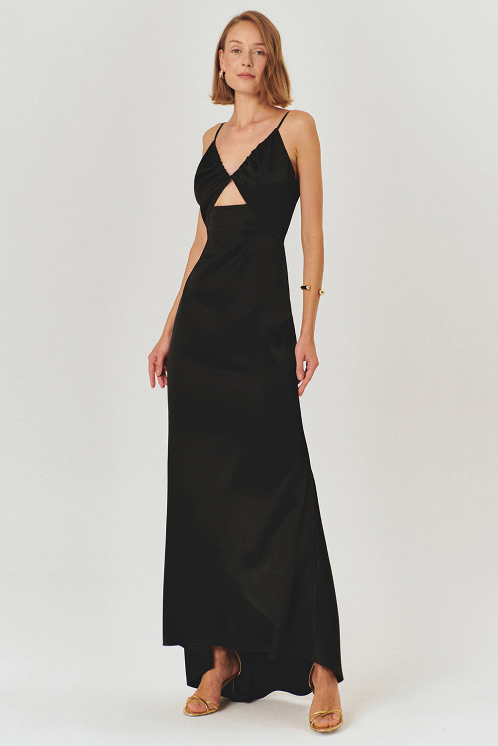 Black Regular Fit Satin Maxi Dress with A-Line Silhouette and Spaghetti Straps