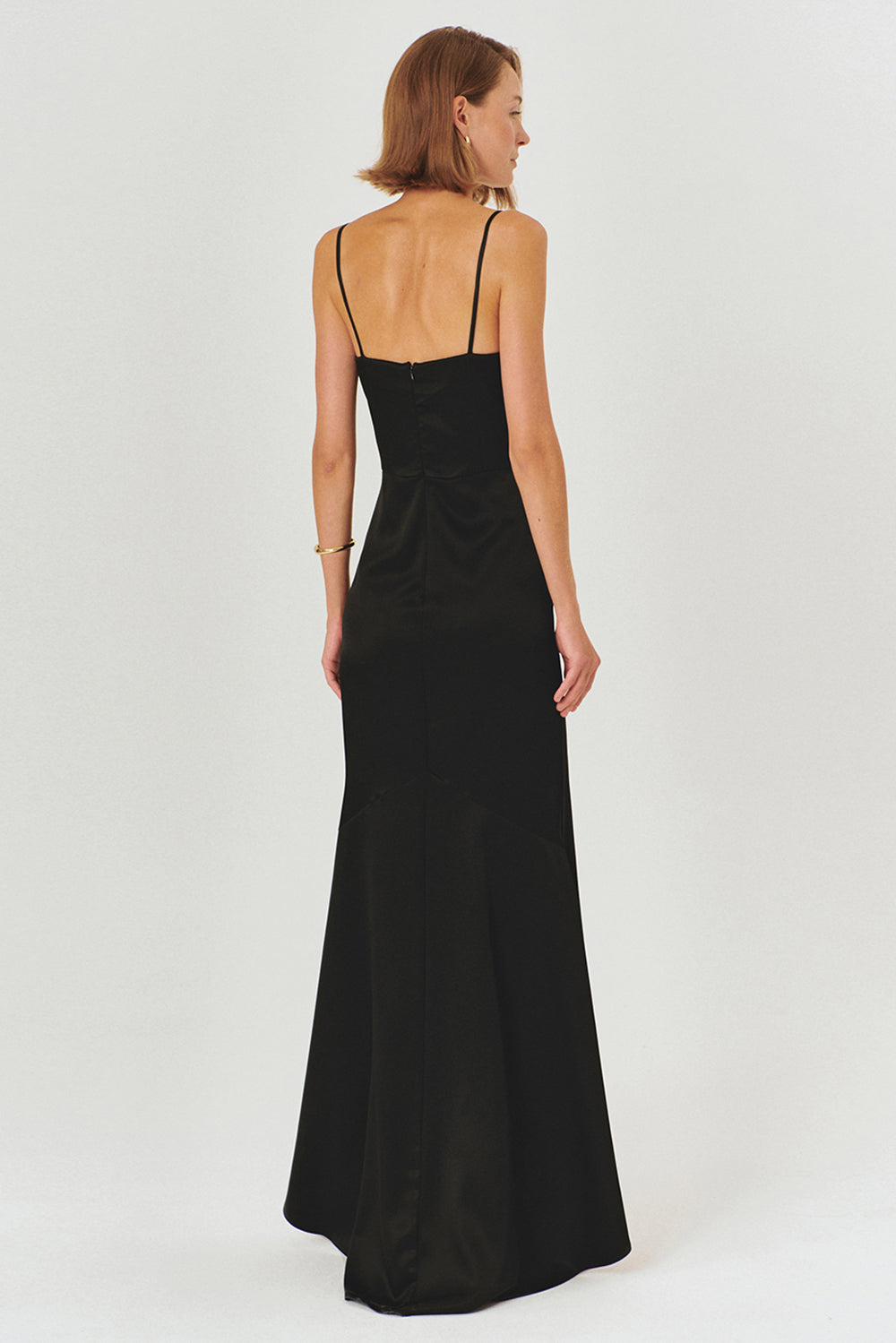 Black Regular Fit Satin Maxi Dress with A-Line Silhouette and Spaghetti Straps