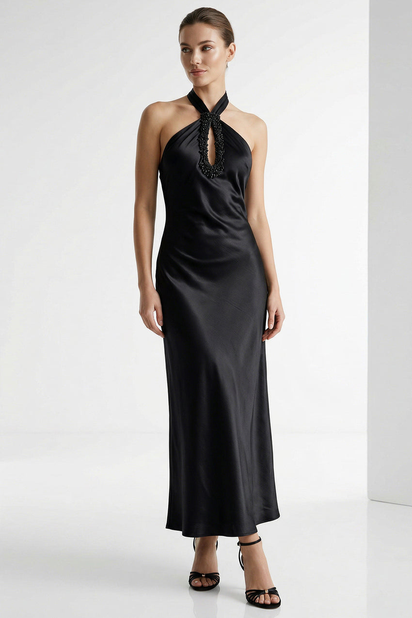 Bead-Embroidered Halter Maxi Dress - BLACK