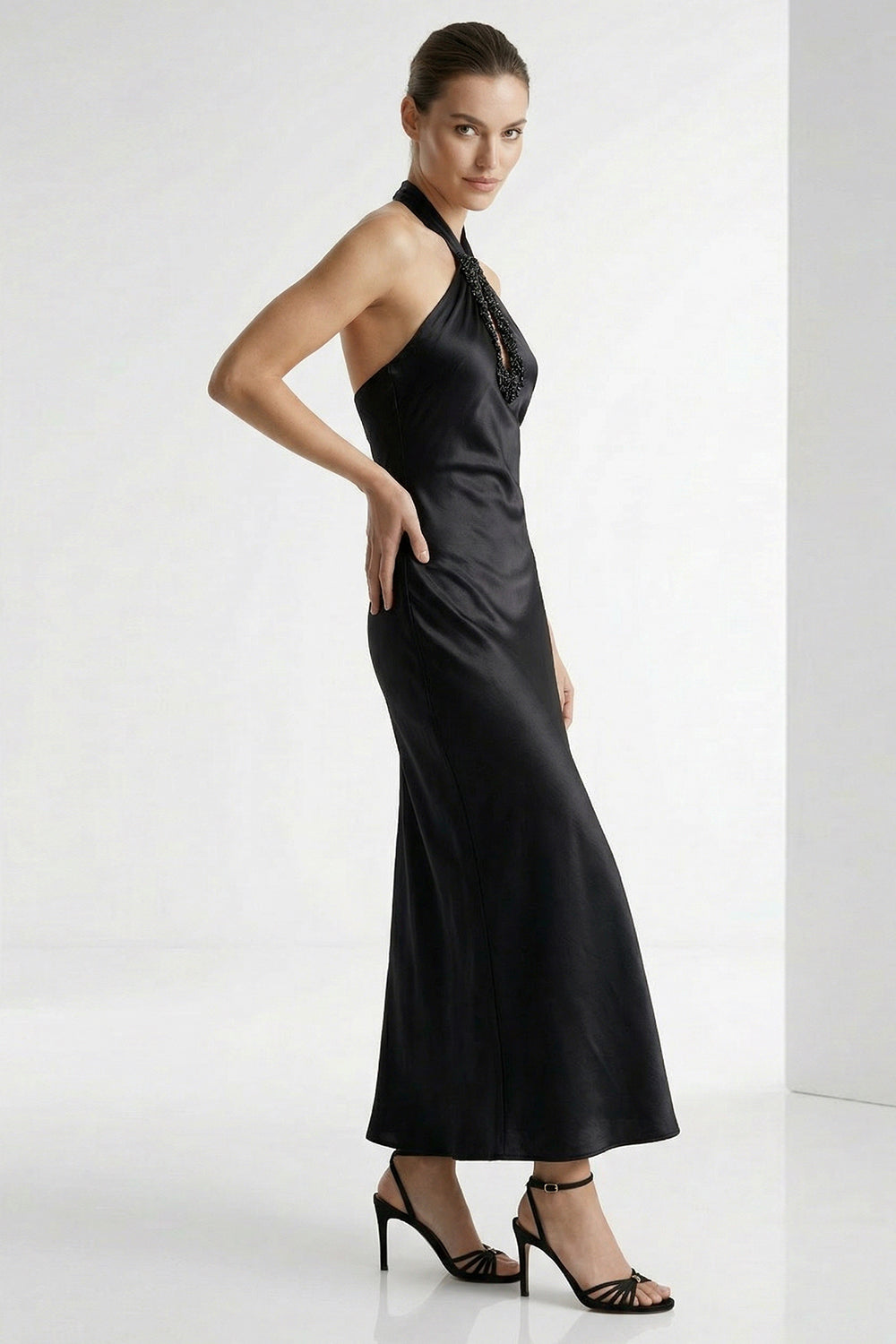 Bead-Embroidered Halter Maxi Dress - BLACK