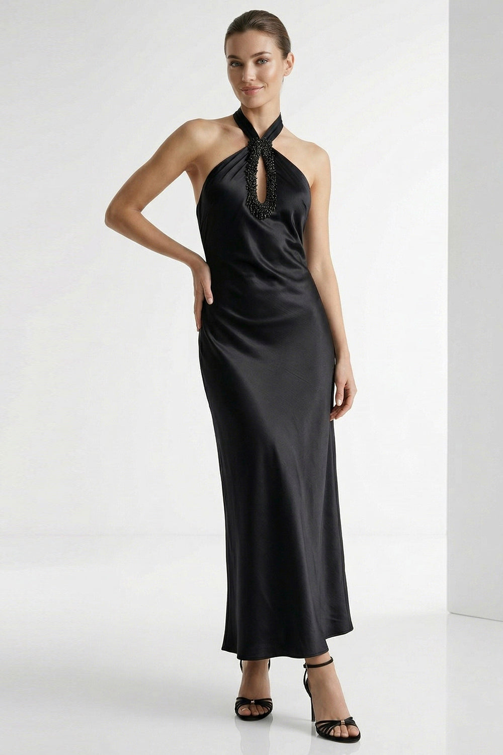 Bead-Embroidered Halter Maxi Dress - BLACK