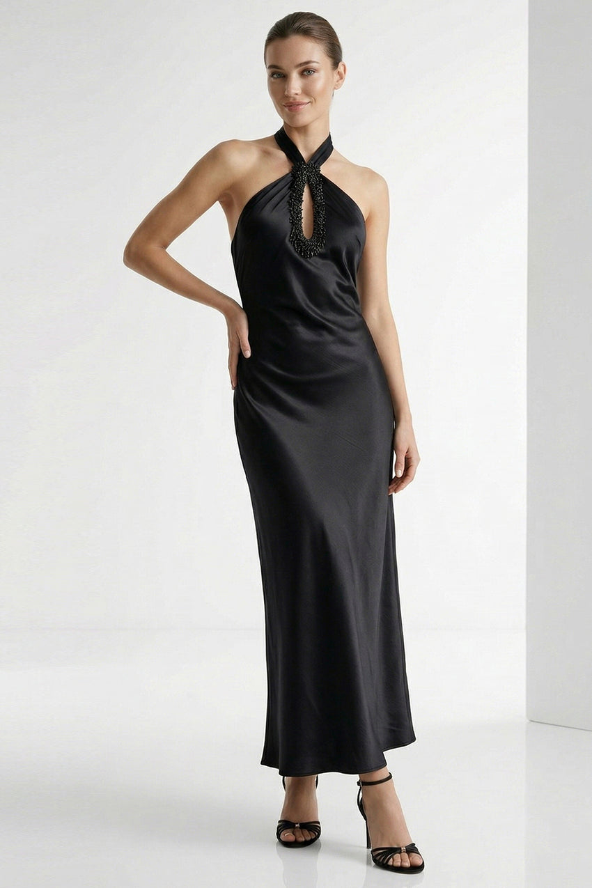 Bead-Embroidered Halter Maxi Dress - BLACK
