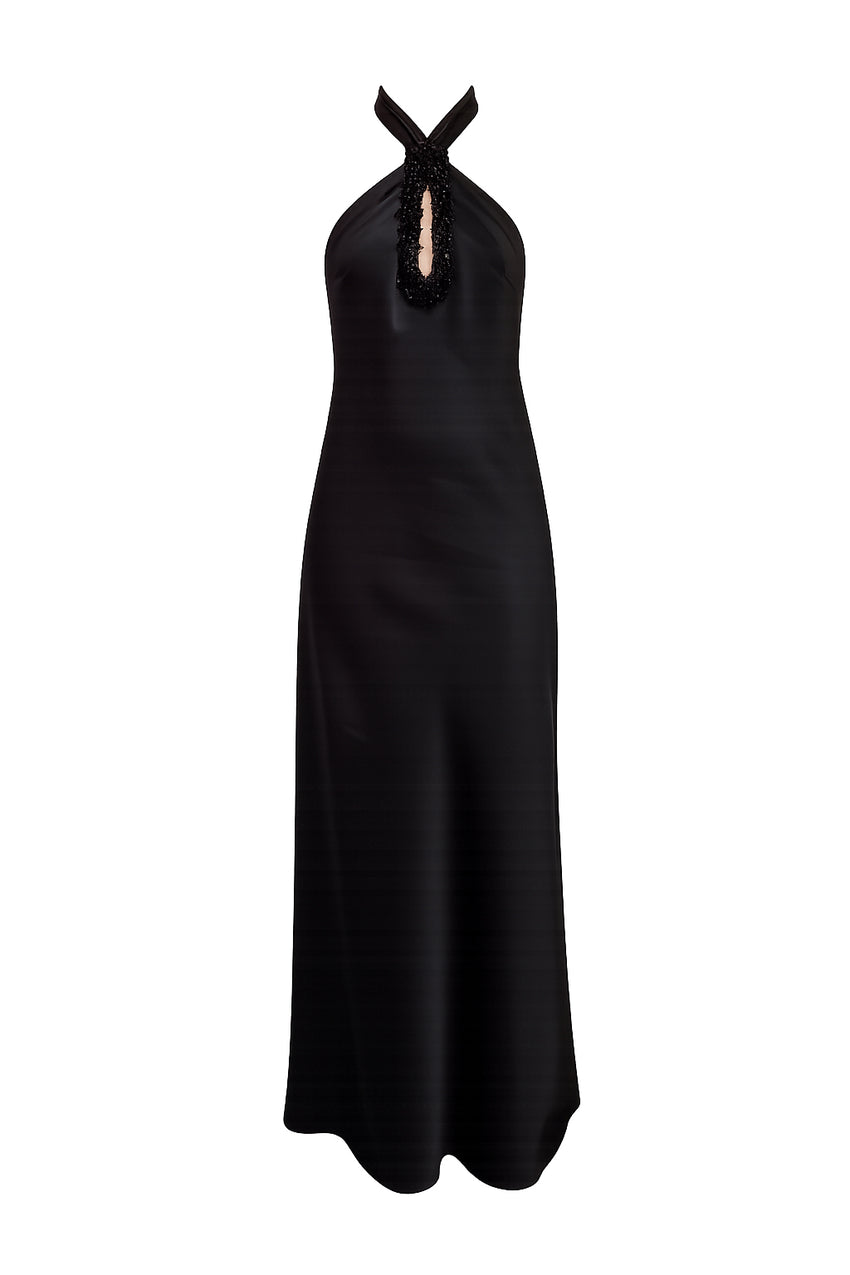 Bead-Embroidered Halter Maxi Dress - BLACK