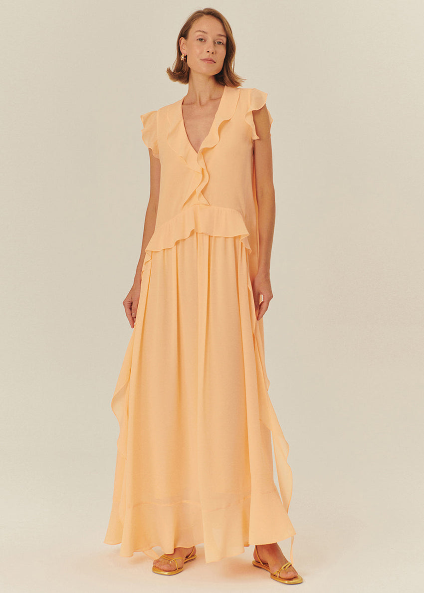 Ruffle Detail V-Neck Regular Fit Maxi Dress in Salmon