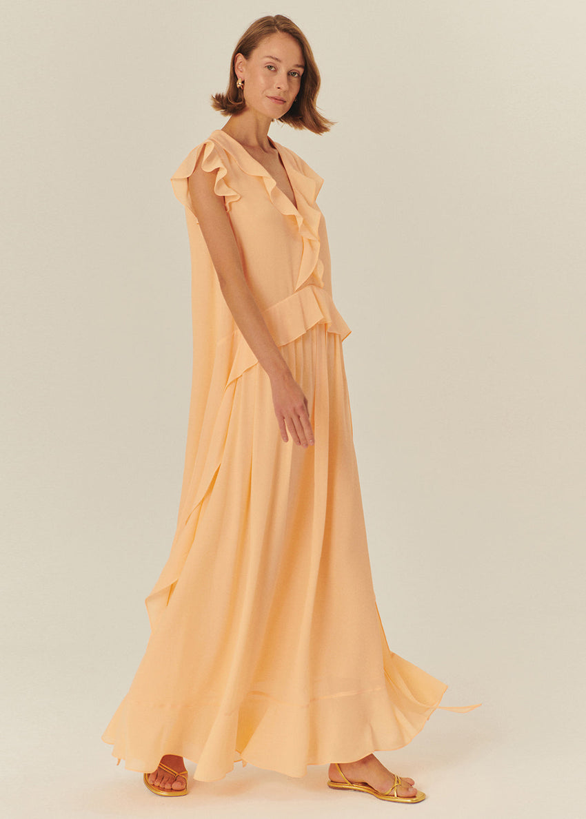Ruffle Detail V-Neck Regular Fit Maxi Dress in Salmon