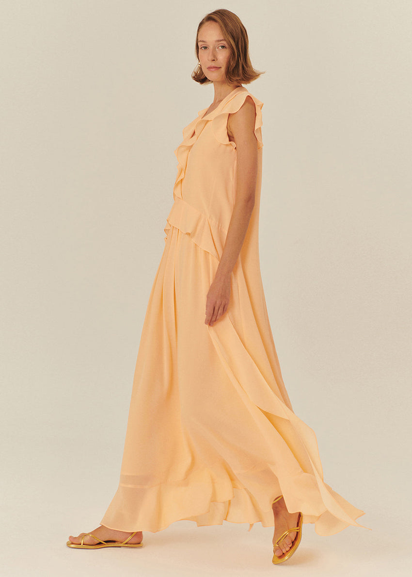 Ruffle Detail V-Neck Regular Fit Maxi Dress in Salmon