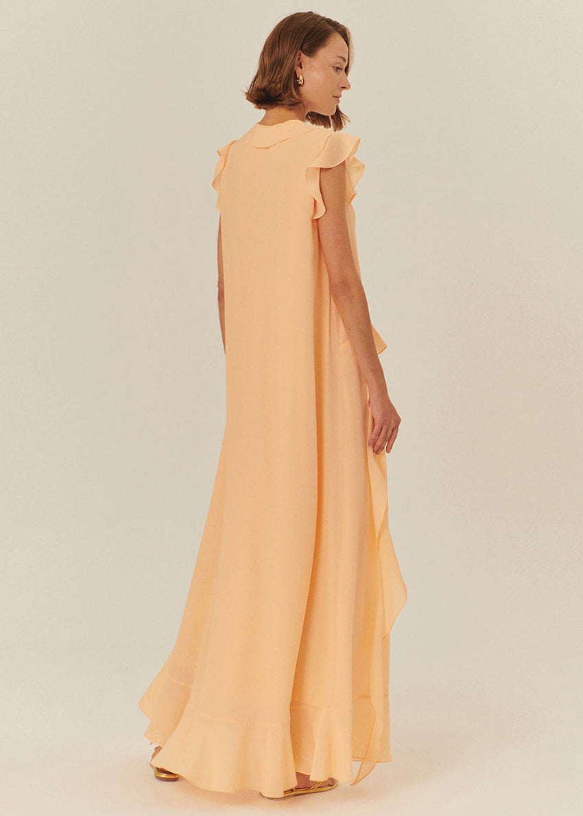 Ruffle Detail V-Neck Regular Fit Maxi Dress in Salmon