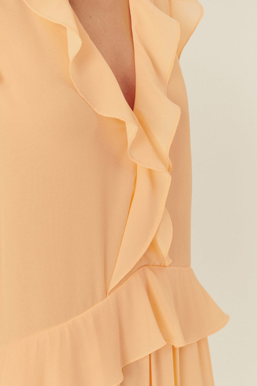 Ruffle Detail V-Neck Regular Fit Maxi Dress in Salmon