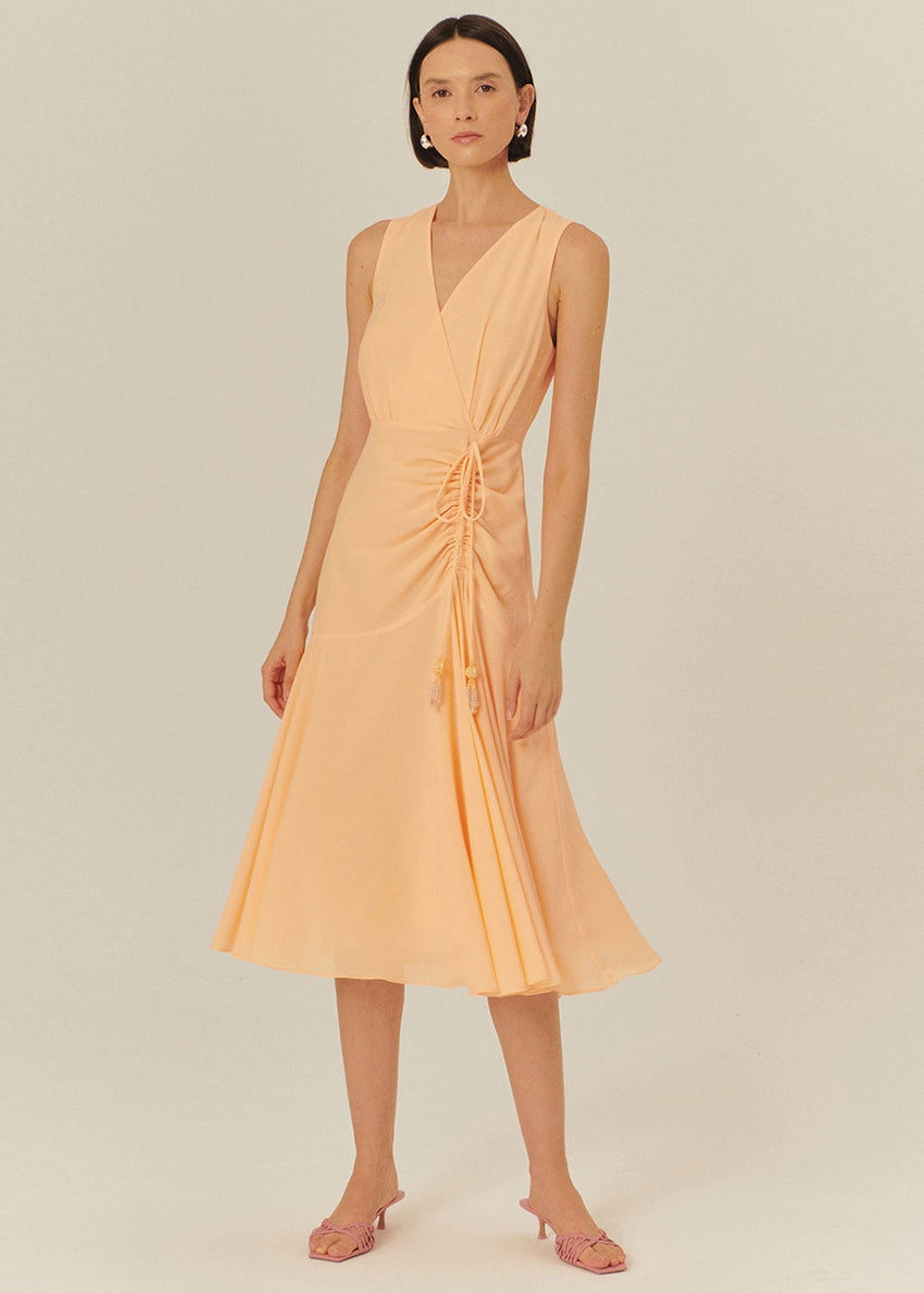 Regular Fit Sleeveless Midi Dress with V-Neck and Ruched Details
