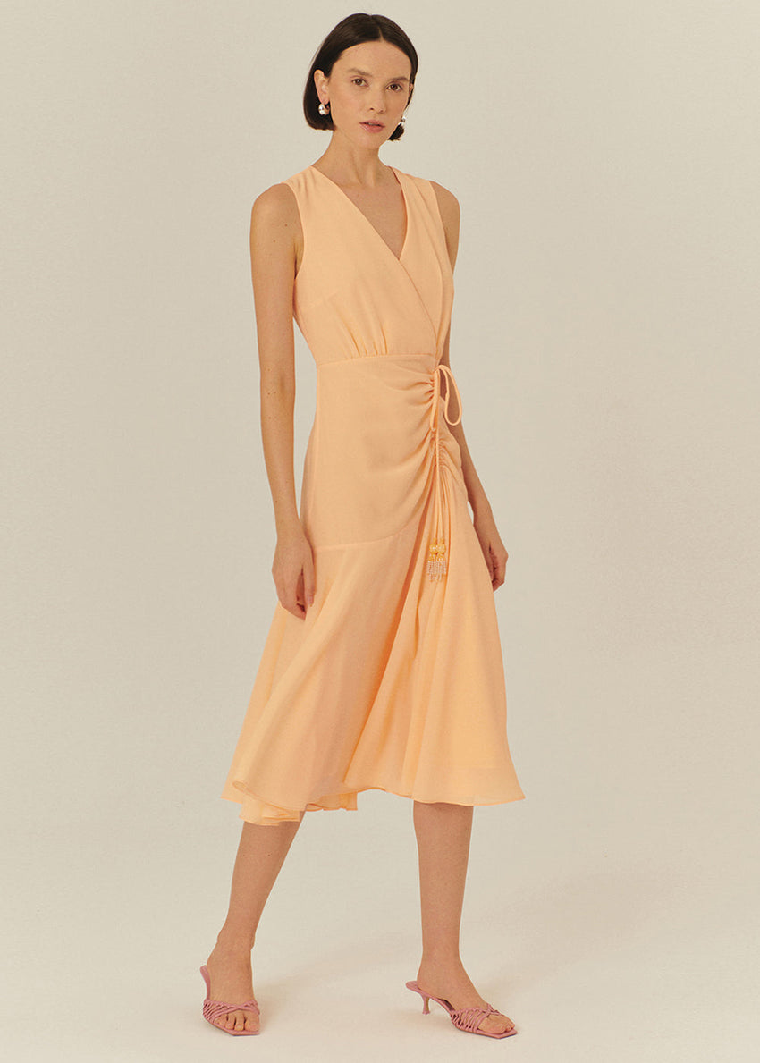 Regular Fit Sleeveless Midi Dress with V-Neck and Ruched Details