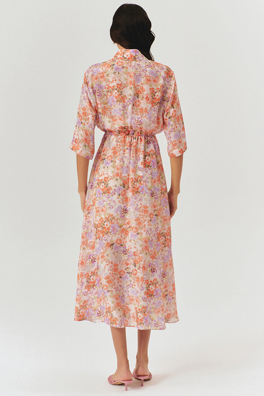 Floral Print Midi Shirt Dress with Drawstring Detail