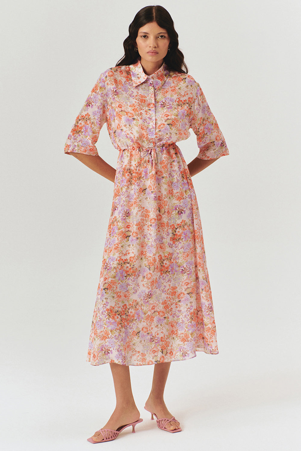 Floral Print Midi Shirt Dress with Drawstring Detail