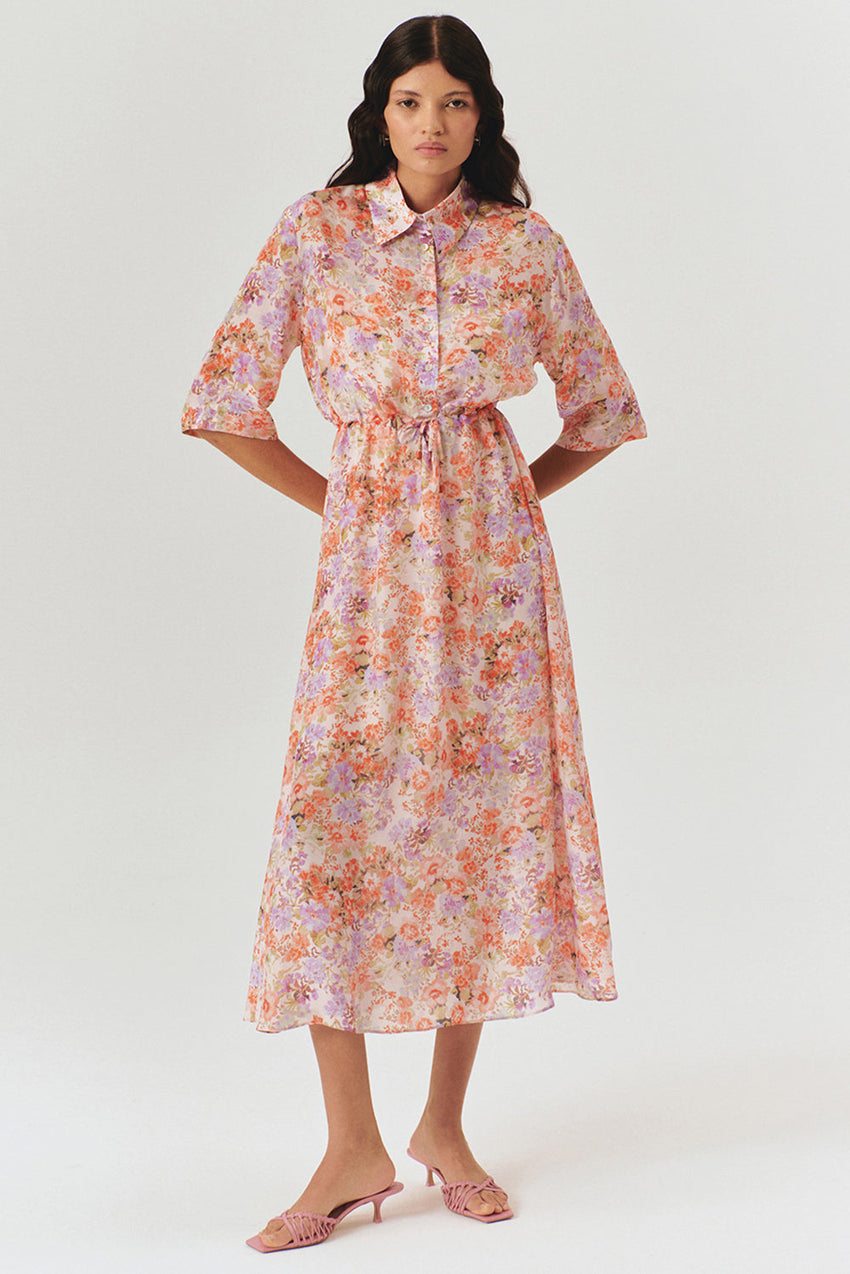 Floral Print Midi Shirt Dress with Drawstring Detail