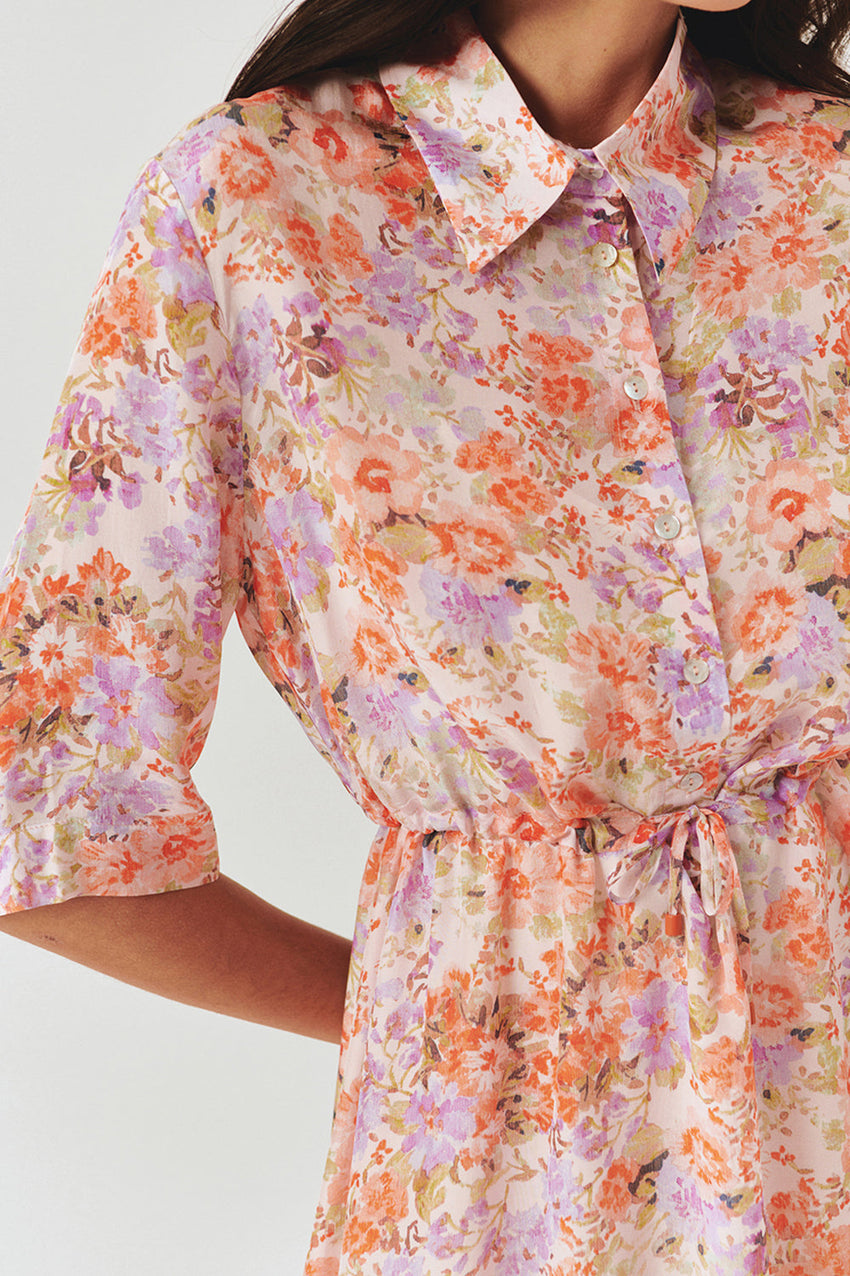 Floral Print Midi Shirt Dress with Drawstring Detail