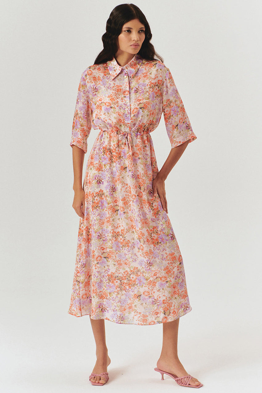 Floral Print Midi Shirt Dress with Drawstring Detail