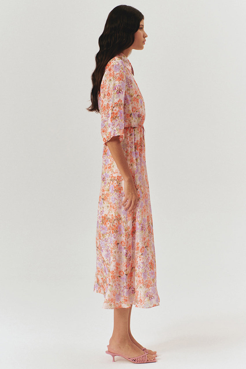 Floral Print Midi Shirt Dress with Drawstring Detail