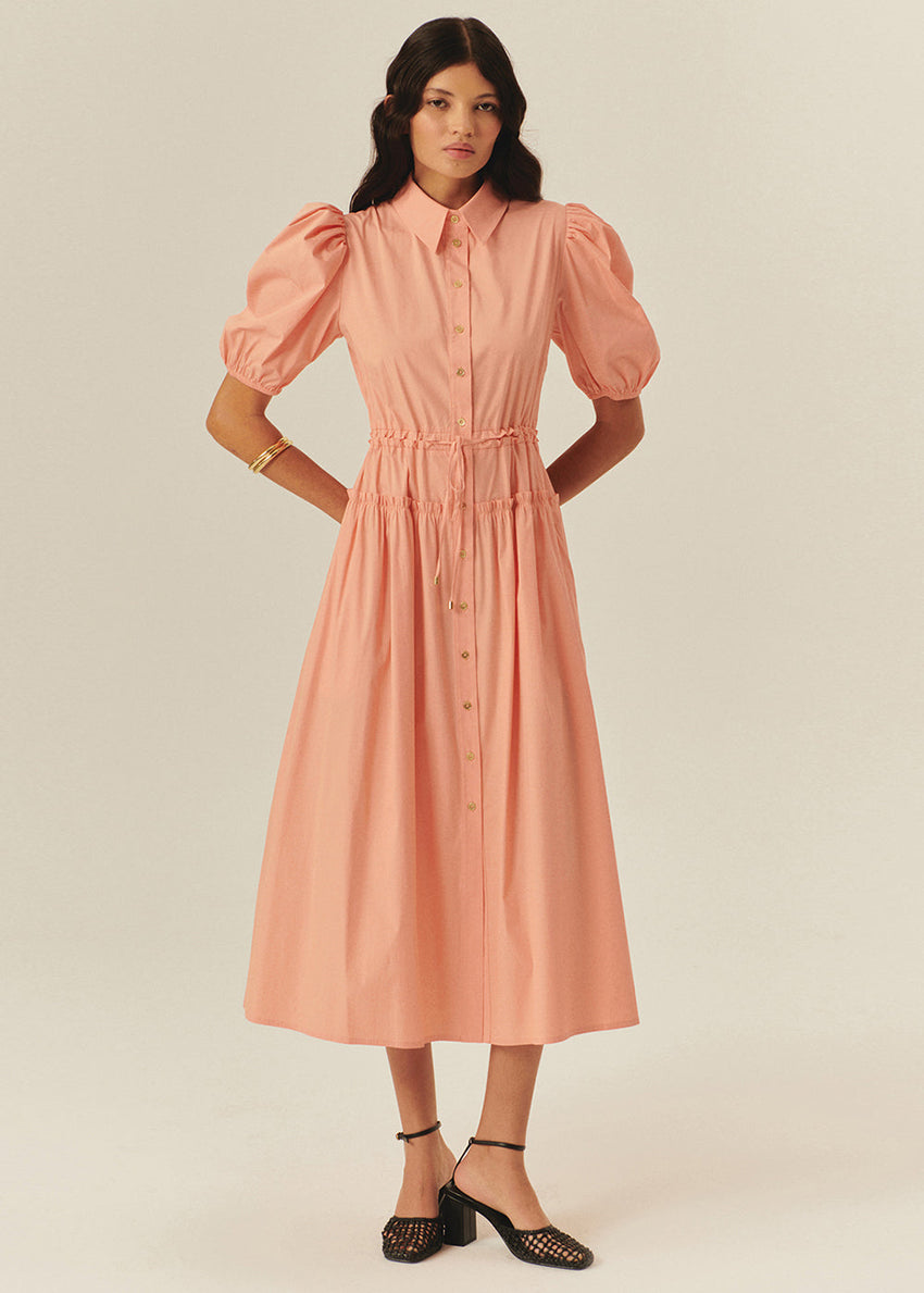Balloon Sleeve Fitted Waist Shirt Dress – Salmon
